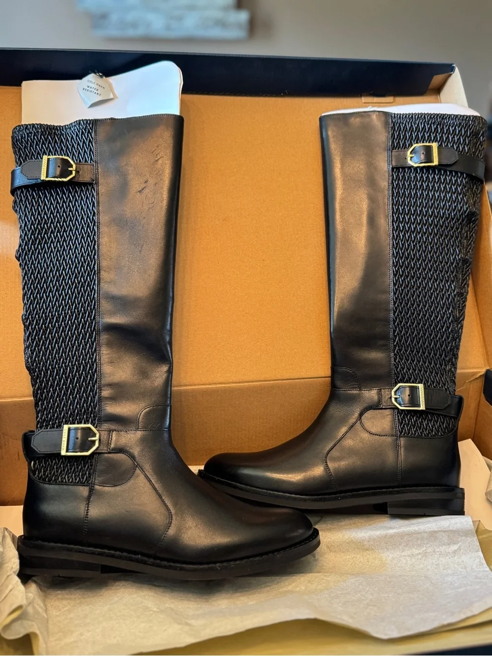 Classic Black Knee-High Riding Boots with Buckle Detail